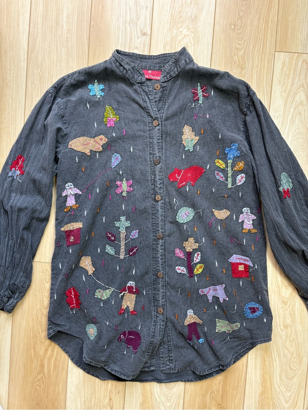 Boho Folk Indie Artsy Whimsy Charcoal Button-Down Shirt with Appliqués